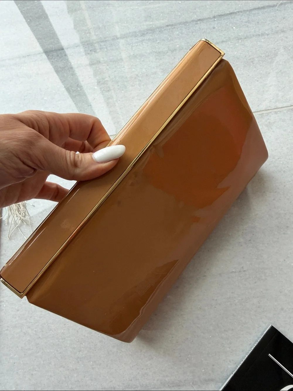 Jimmy Choo Tan Patent Leather Clutch with Gold Trim